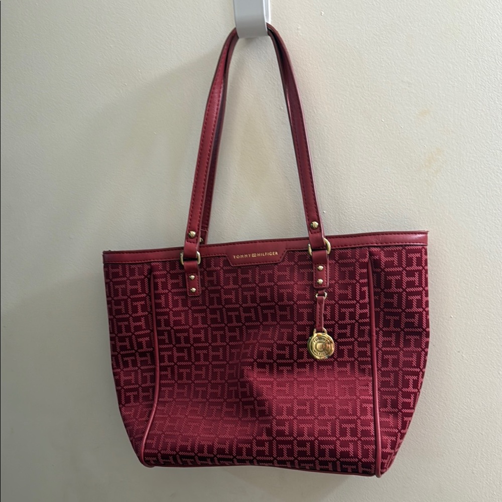 Tommy Hilfiger Red Tote with Geometric Design and Gold Charm